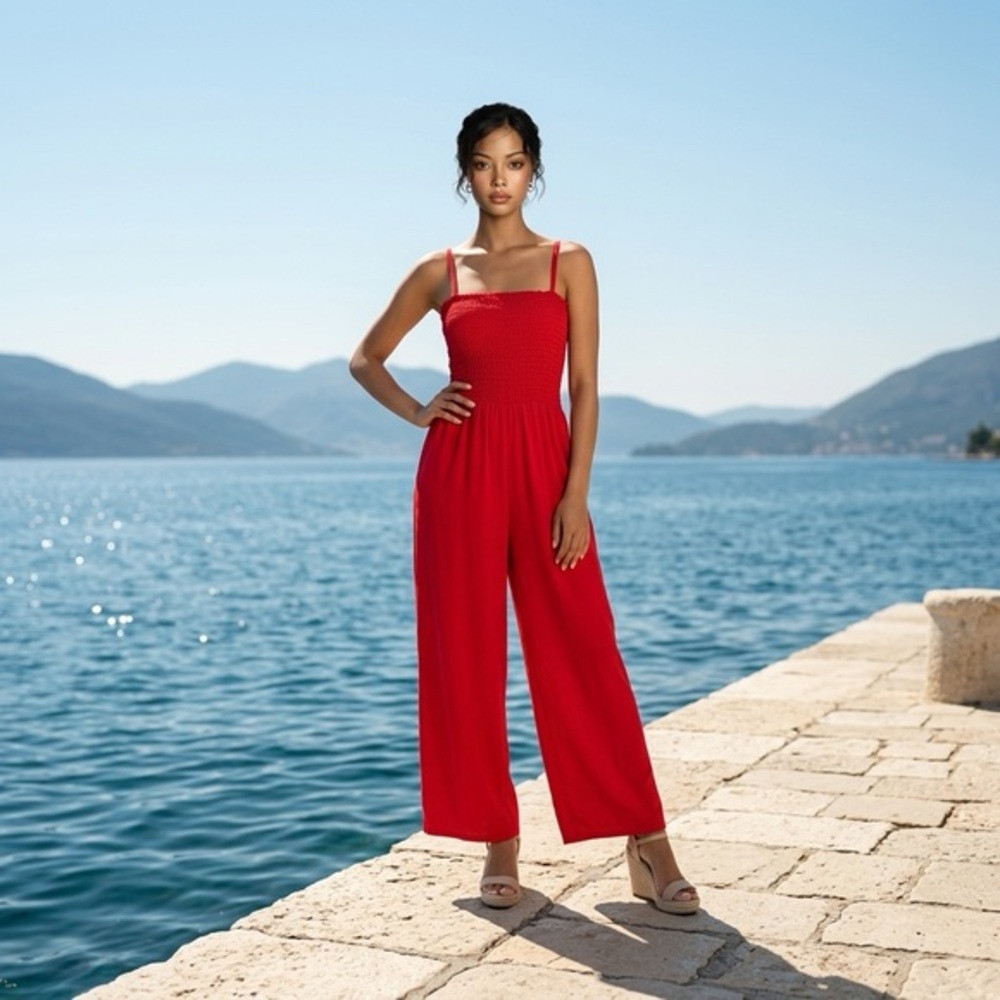 1. STATE RED SMOCKED WIDE LEG SUMMER TRAVEL PANT JUMPSUIT SZ M